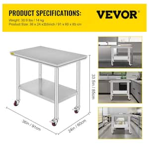 Stainless Steel Work Table Commercial Kitchen Prep Table 36 in. x 24 in. with 4 Wheels Heavy Duty Work Table