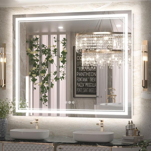 KeonJinn 48 in. W x 40 in. H Rectangular Frameless LED Light Anti-Fog Wall Bathroom Vanity Mirror with Frontlit and Backlit