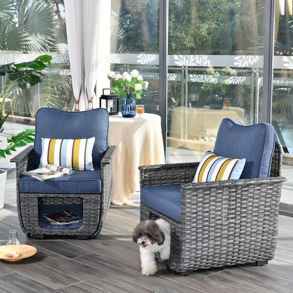 OVIOS Fortune Dark Gray 2-Piece Wicker Outdoor Patio Conversation Seating Set with Denim Blue Cushions