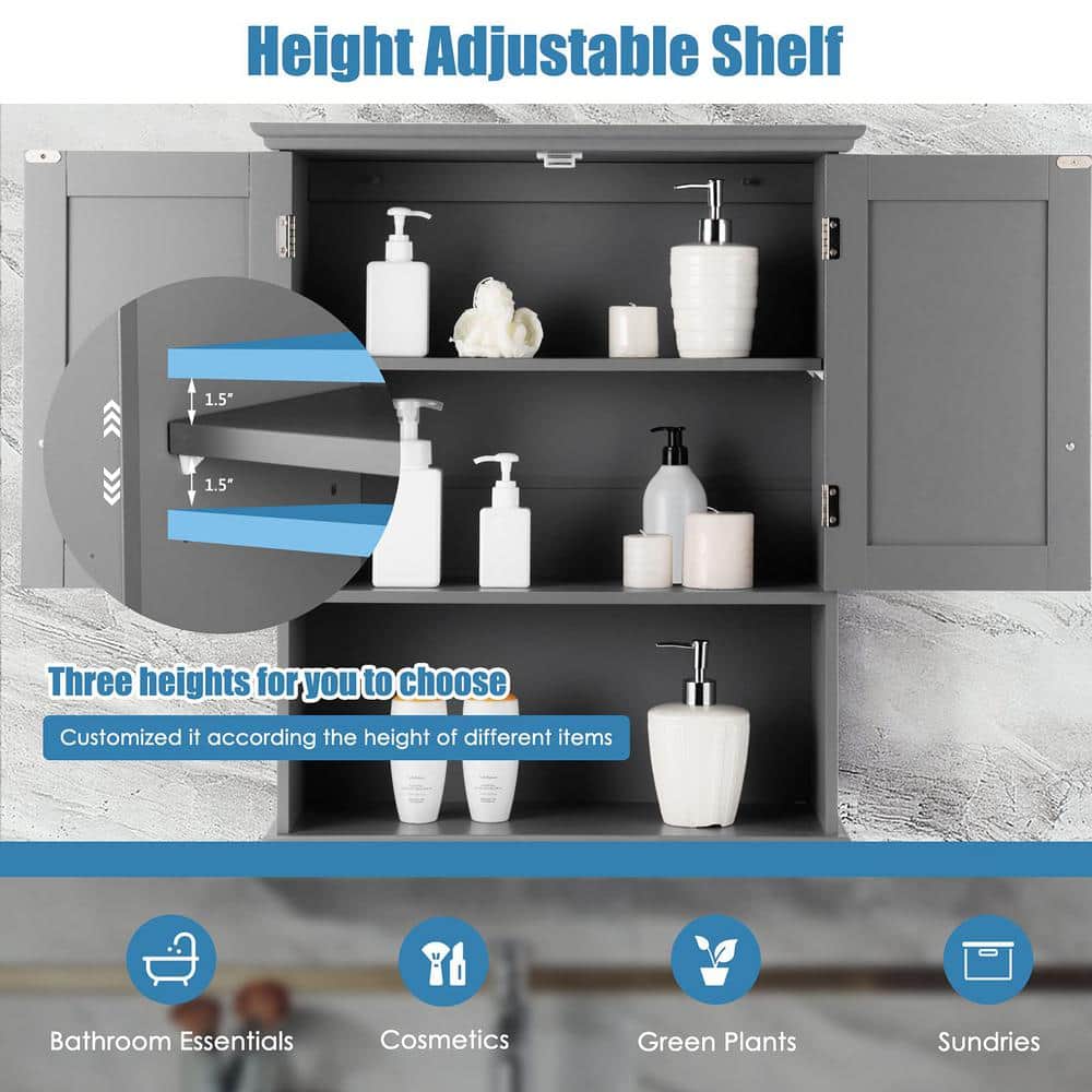 Gray MDF and Particle Board Bathroom Storage Wall Cabinet with 2 Doors and 3 Shelves