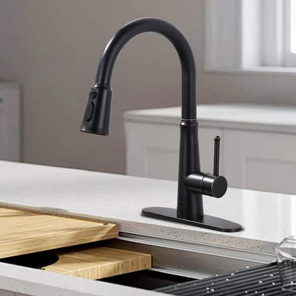 15.4 in. Single Handle Pull Down Sprayer Kitchen Faucet, Kitchen Faucet with 360° Swivel Spout, Oil Rubbed Bronze