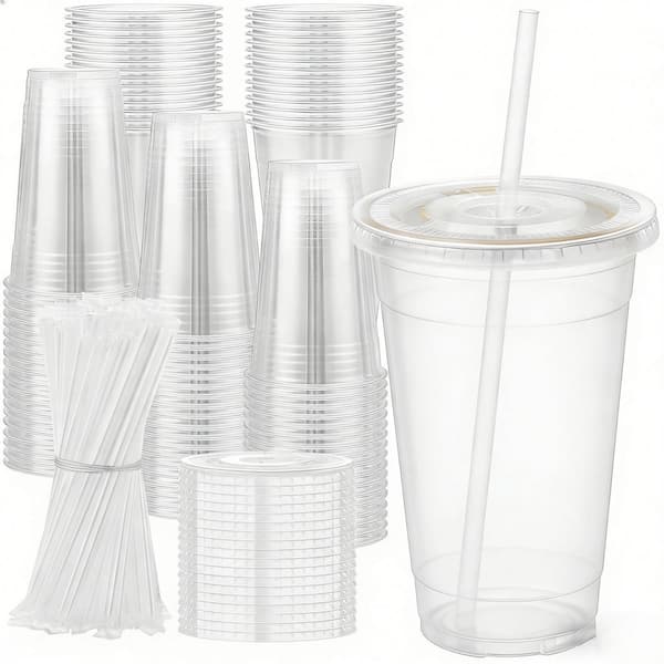 100 Pack Disposable Cups 20 oz. with Lids & Straws, Spill-Resistant, Clear, Plastic Drinking Cups