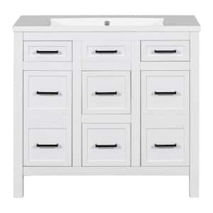 36 in. W Single Sink Freestanding Bath Vanity in White with White Solid Surface Top, 4 Drawers and 2 Doors