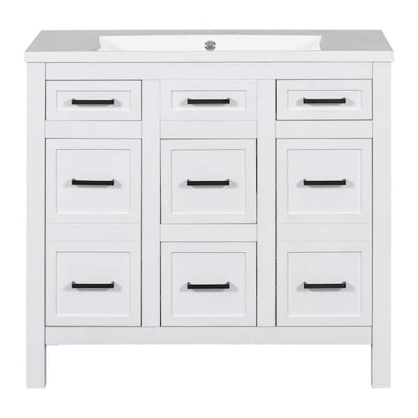 36 in. W Single Sink Freestanding Bath Vanity in White with White Solid Surface Top, 4 Drawers and 2 Doors