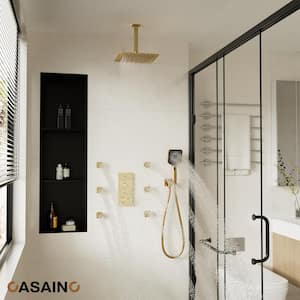Luxury Thermostatic 3-Spray Patterns 12 in. Flush Ceiling Mount Rainfall Dual Shower Heads with 6-Jets in Brushed Gold