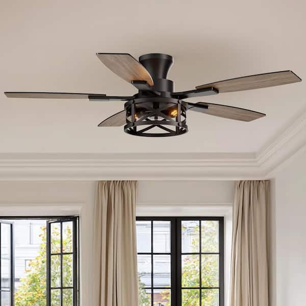 52 in. Flush Mount Ceiling Fan: Light + Remote, Low-Profile Farmhouse, Black Caged, Indoor/Outdoor.