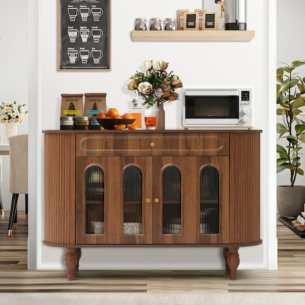 Walnut Embossment MDF Buffet with Acrylic Doors, Drawer