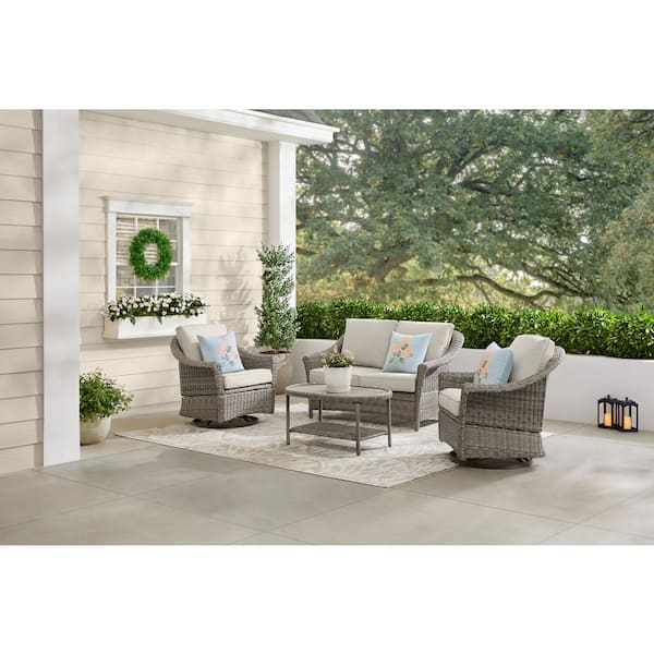 Brooke Mill Brown 4-Piece Wicker Patio Conversation Set with CushionGuard Putty Tan Cushions