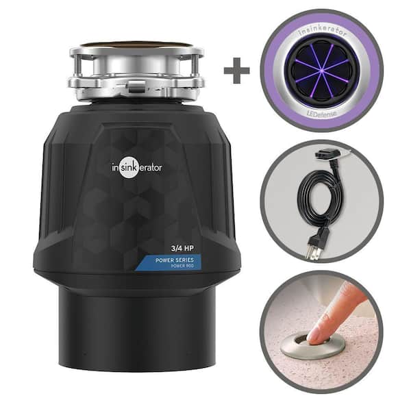 Power 900,3/4 HP Garbage Disposal with EZ Connect Power Cord, Dual Outlet Switch in Satin Nickel and LEDefense Flange