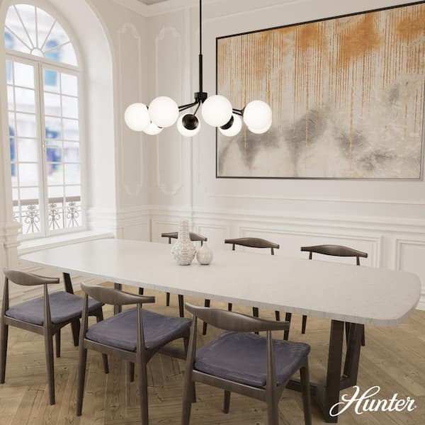 Hunter Hepburn 8-Light Matte Black Branched Chandelier with Cased White Glass Shades