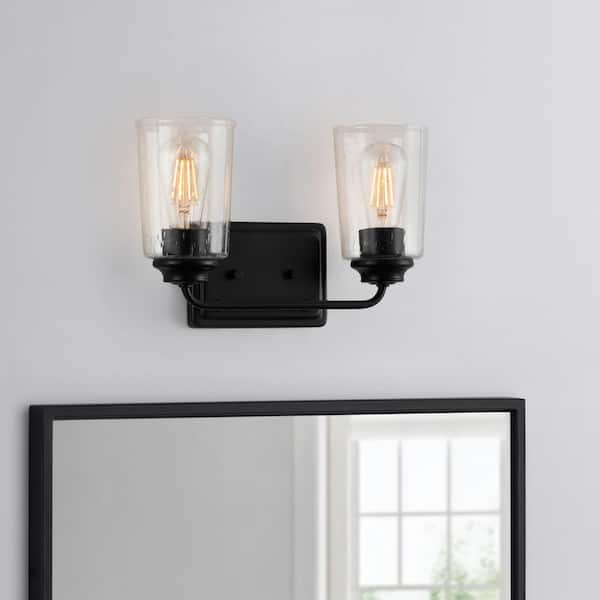Hampton Bay Evangeline 13-5/8 in. 2-Light Matte Black Farmhouse Bathroom Vanity Light with Clear Seeded Glass Shades
