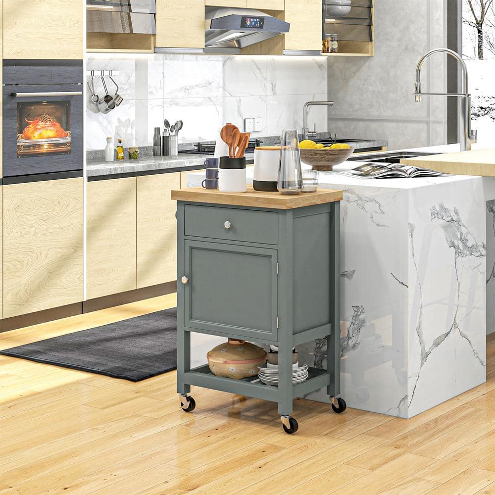 Gray Wood Rolling Kitchen Cart with Butcher Block Top and Storage