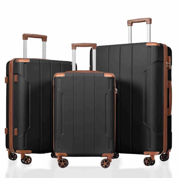 3-Piece Black Brown Hard shell ABS Lightweight Durable Luggage Set with Double Spinner Wheels