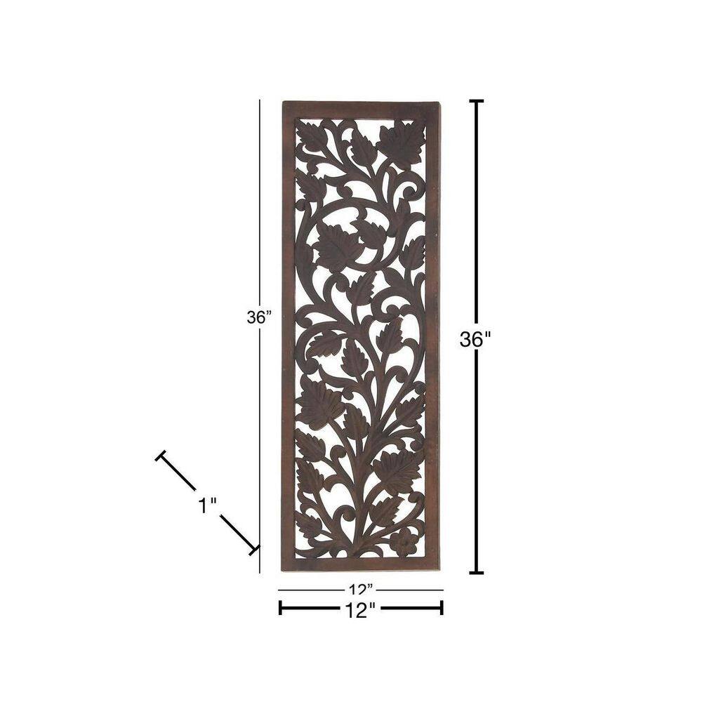 Brown Wood Carved Botanical Rectangular Wall Panel