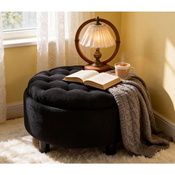 25 in. W Black Fabric Round Storage Accent Medium (22-44 in.) Ottoman for Living Room, Bedroom