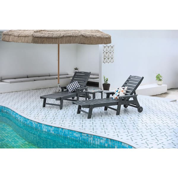 Grey Composite Lounge Chair and Table Set-All-Weather Outdoor Poolside Loungers with Wheels for Garden (Set of 3)