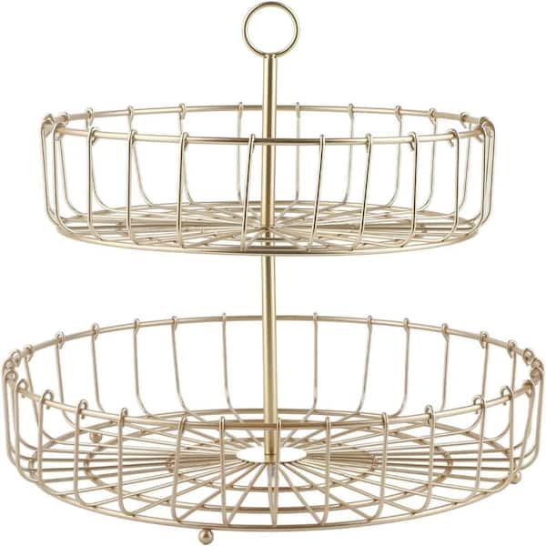 2-Tier Round Iron Fruit Basket, 12 in. Diameter Nordic Golden Snack Storage Tray for Kitchen Fruits Bowl