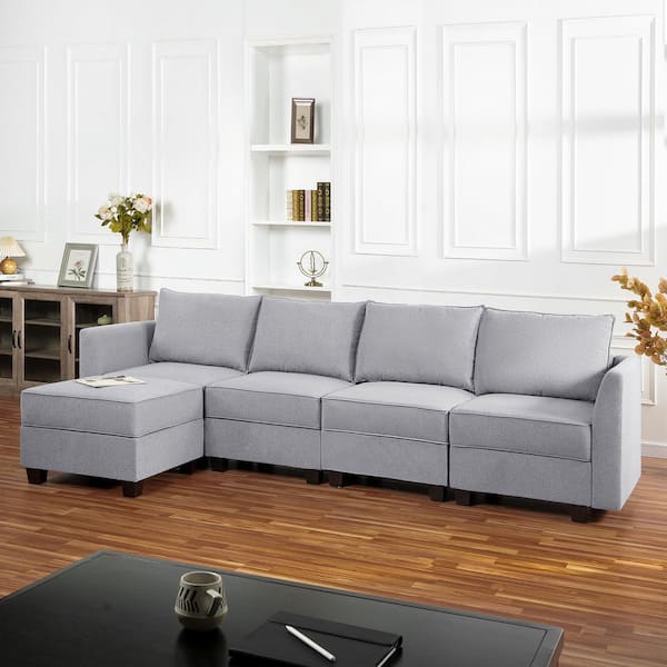 112.8 in. Square Arm 4-piece Linen Upholstered L-Shaped Sectional Sofa in. Gray with Ottoman