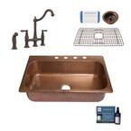 Angelico All-in-One Copper 33 in. 4-Hole Single Bowl Drop-In Kitchen Sink with Pfister Faucet and Drain