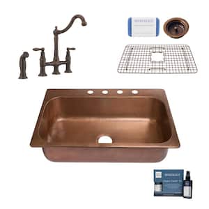 Angelico All-in-One Copper 33 in. 4-Hole Single Bowl Drop-In Kitchen Sink with Pfister Faucet and Drain