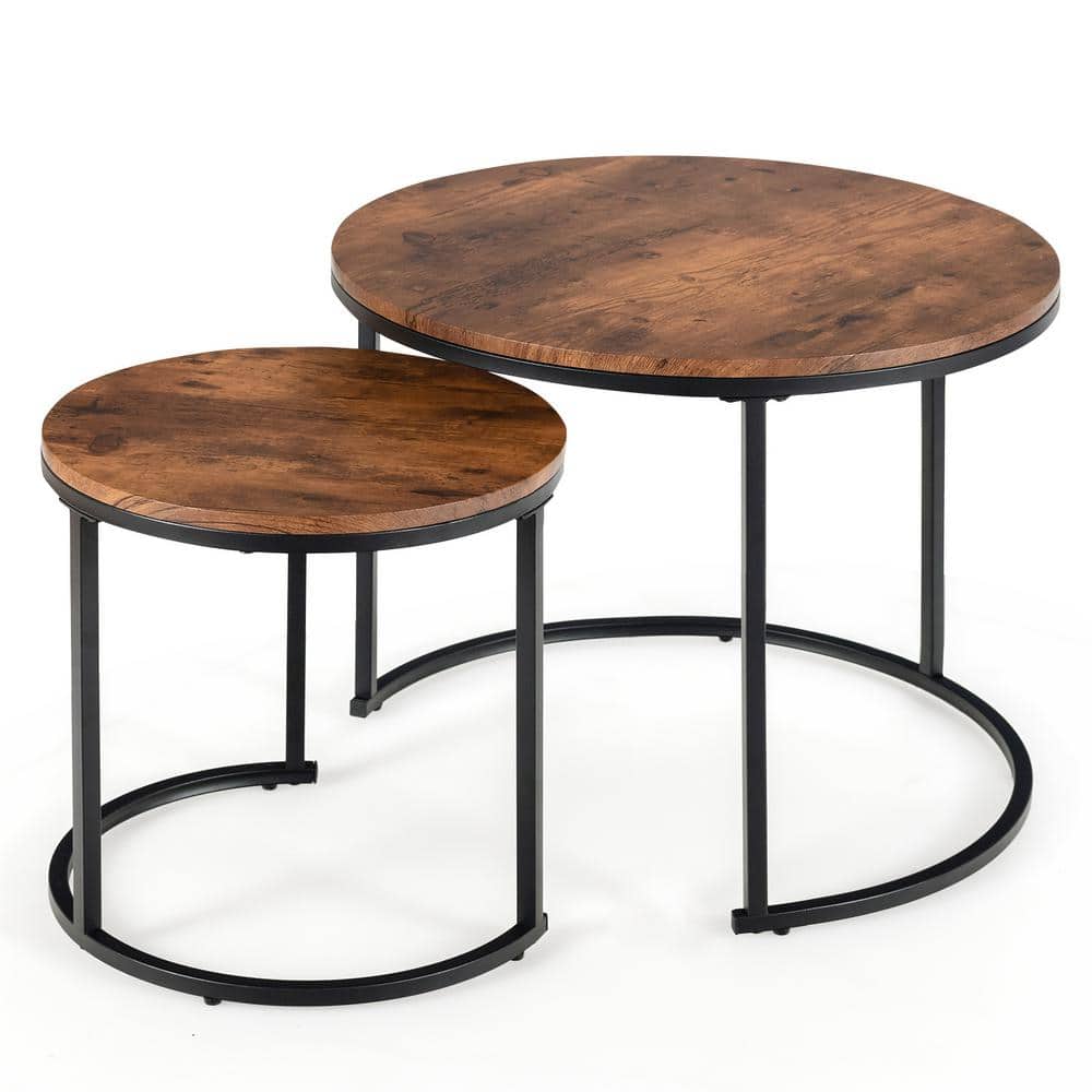 Rustic Brown Round Wood and Steel Nesting Tables Set