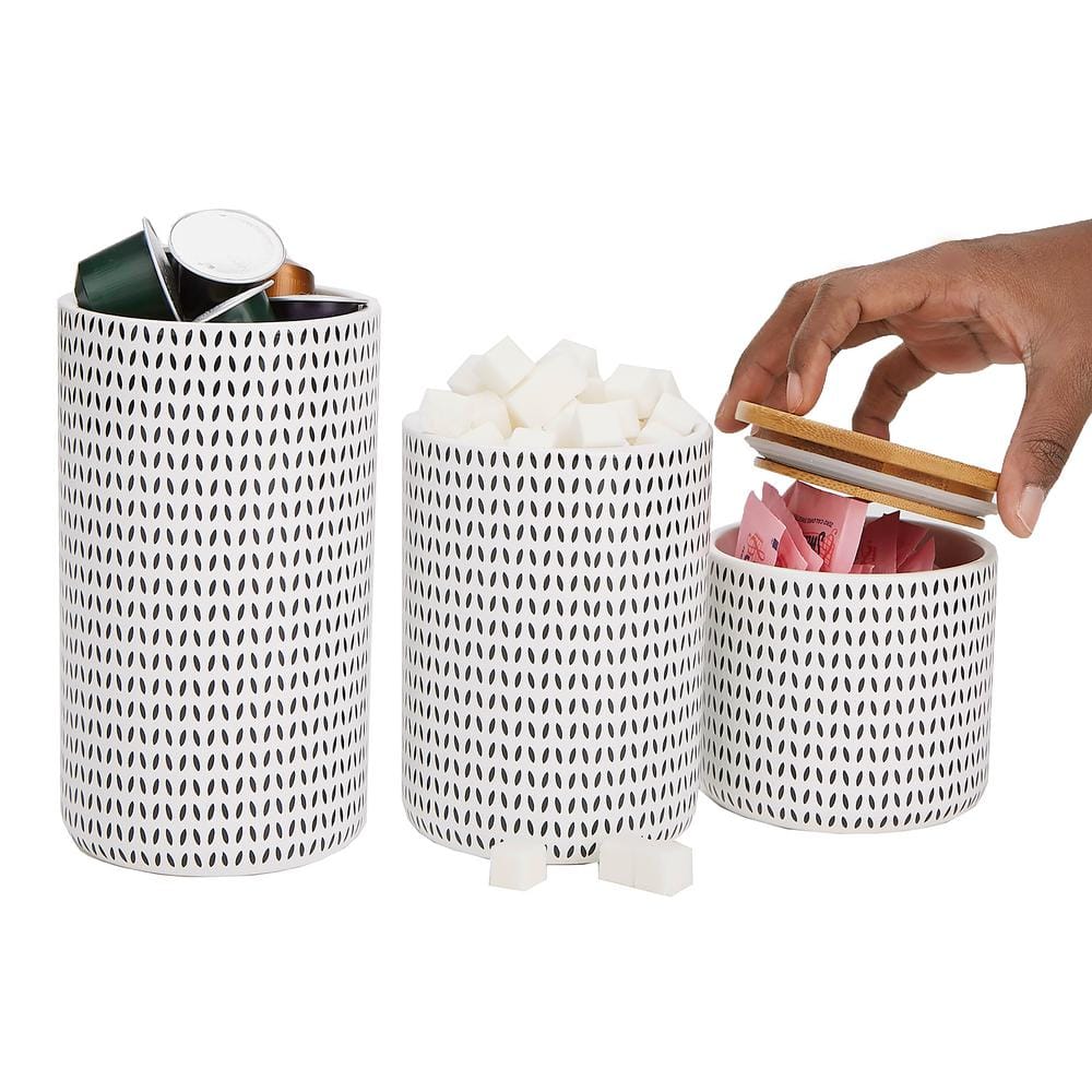 Scandinavian Ceramic Canister Set with Wooden Lids, Black and White