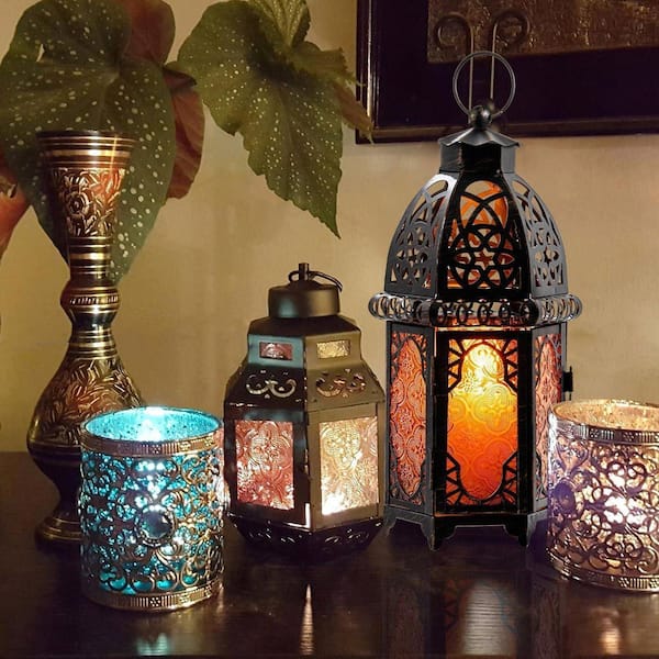 Afoxsos 12.8 in. x 4.1 in. Amber Metal Lantern w/ Candle 1-Pack