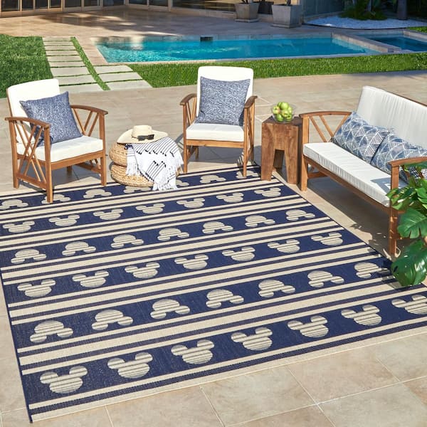 Mickey Mouse Navy/Sand 9 ft. x 13 ft. Striped Indoor/Outdoor Area Rug