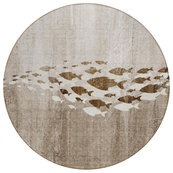 Taupe, Brown, Khaki 8 ft. Round Woven Geometric Polyester Round Indoor/Outdoor Area Rug