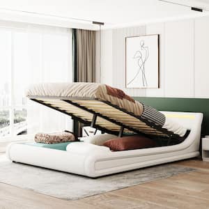 65.7 in. W White Queen Size Leather Wood and Metal Frame Platform Bed with a Hydraulic Storage System and LED Light