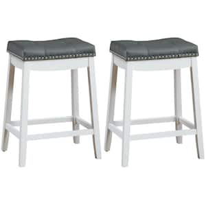 Nailhead Saddle 24 in. Grey Backless Wood Counter Bar Stools White with Cushion (Set of 2)