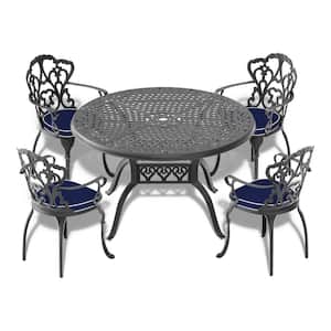 Lily Black 5-Piece Cast Aluminum Outdoor Dining Set with Round Table and Dining Chairs with Random Color Cushion