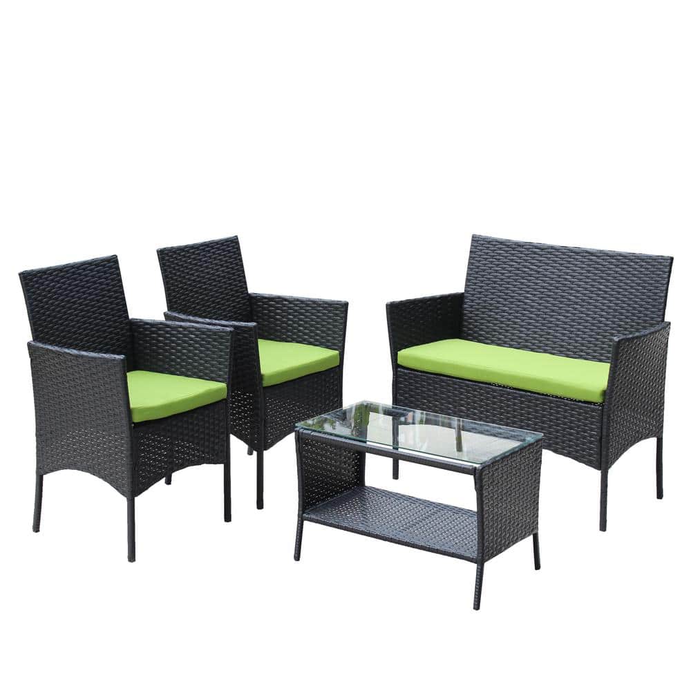 4-Piece Wicker Rattan Patio Conversation Set with Green Cushion