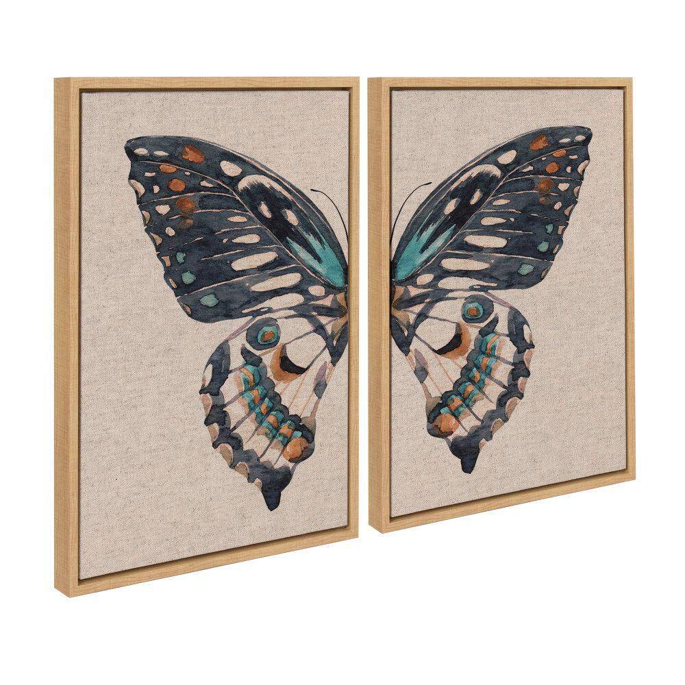Natural Linen Framed Butterfly Watercolor Canvas Art Set