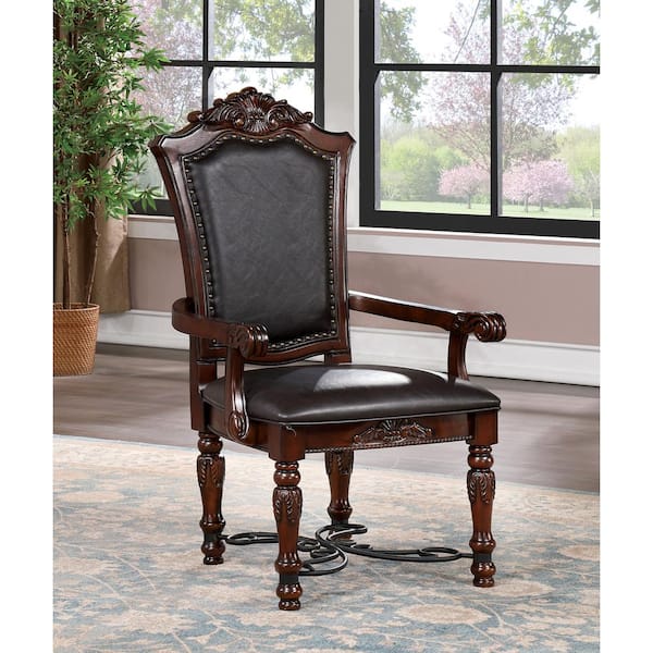 Cabone Traditional Brown Cherry and Black Faux Leather Arm Chairs (Set of 2)