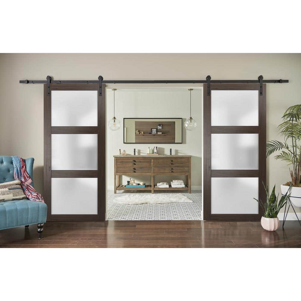 Chocolate Ash 48" x 84" Frosted Glass 3 Panel Barn Door Kit