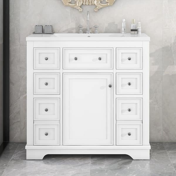 36 in. Single Sink Freestanding White Bath Vanity with White Ceramic Top, One Cabinet and Six Drawers
