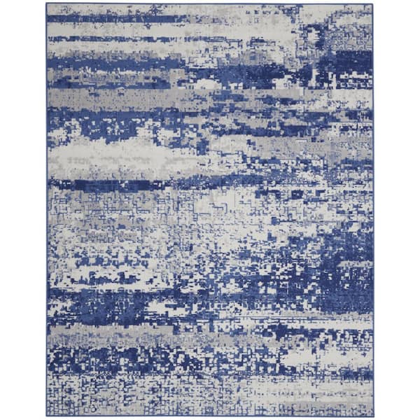HomeRoots 7 ft. x 10 ft. White and Blue Abstract Distressed Non Skid ...