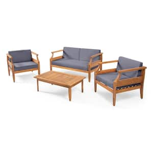 Alluvion Teak 4-Piece Wood Outdoor Patio Conversation Set with Dark Grey Cushions