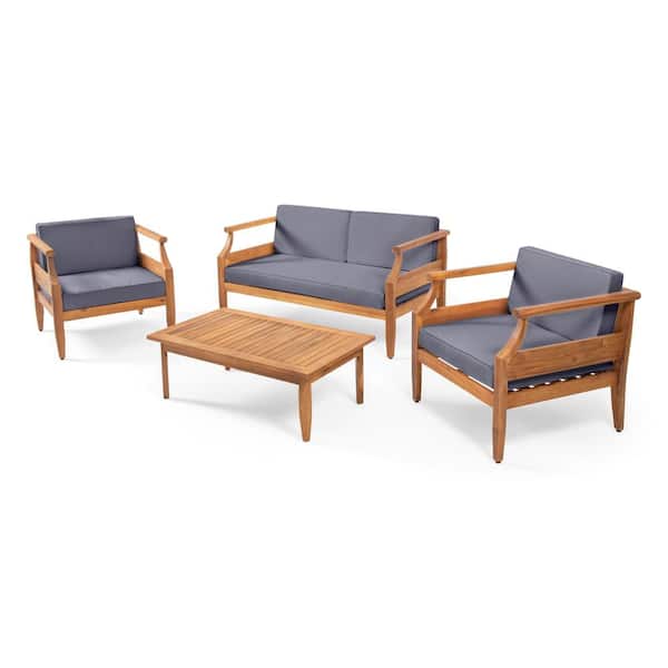 Noble House Alluvion Teak 4-Piece Wood Outdoor Patio Conversation Set with Dark Grey Cushions