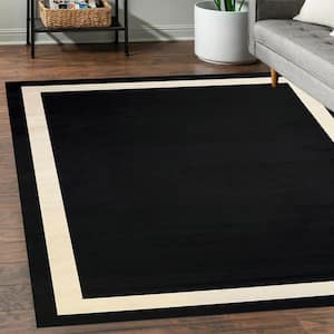 Everest Black Creme 5 ft. 8 in. x 9 ft. Machine Washable Geometric Modern Border Polyester Non-Slip Backing Area Rug