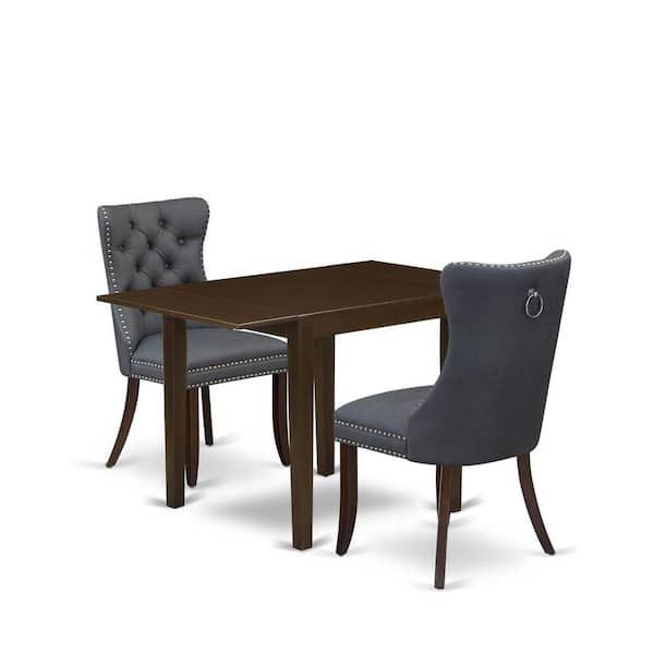 East West Furniture 3-Piece Mahogany Finish Rectangular Solid Wood Top with Dropleaf Dining Table Set