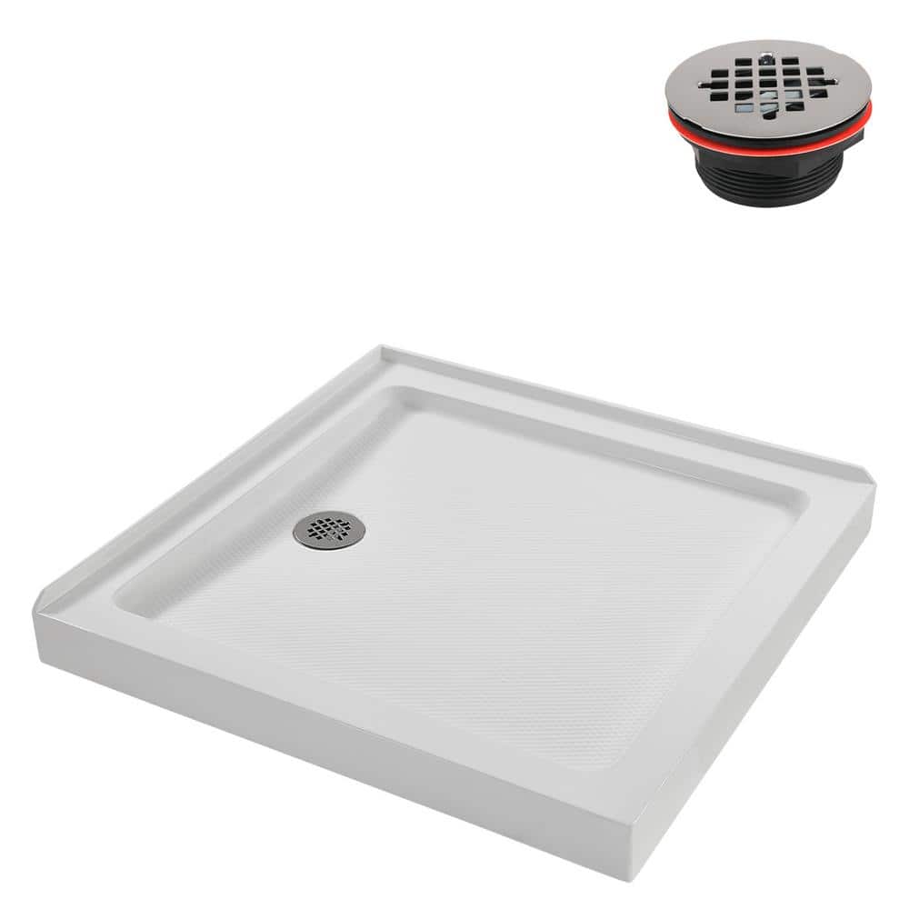 36'' Glossy White Acrylic Square Shower Base with Round Drain