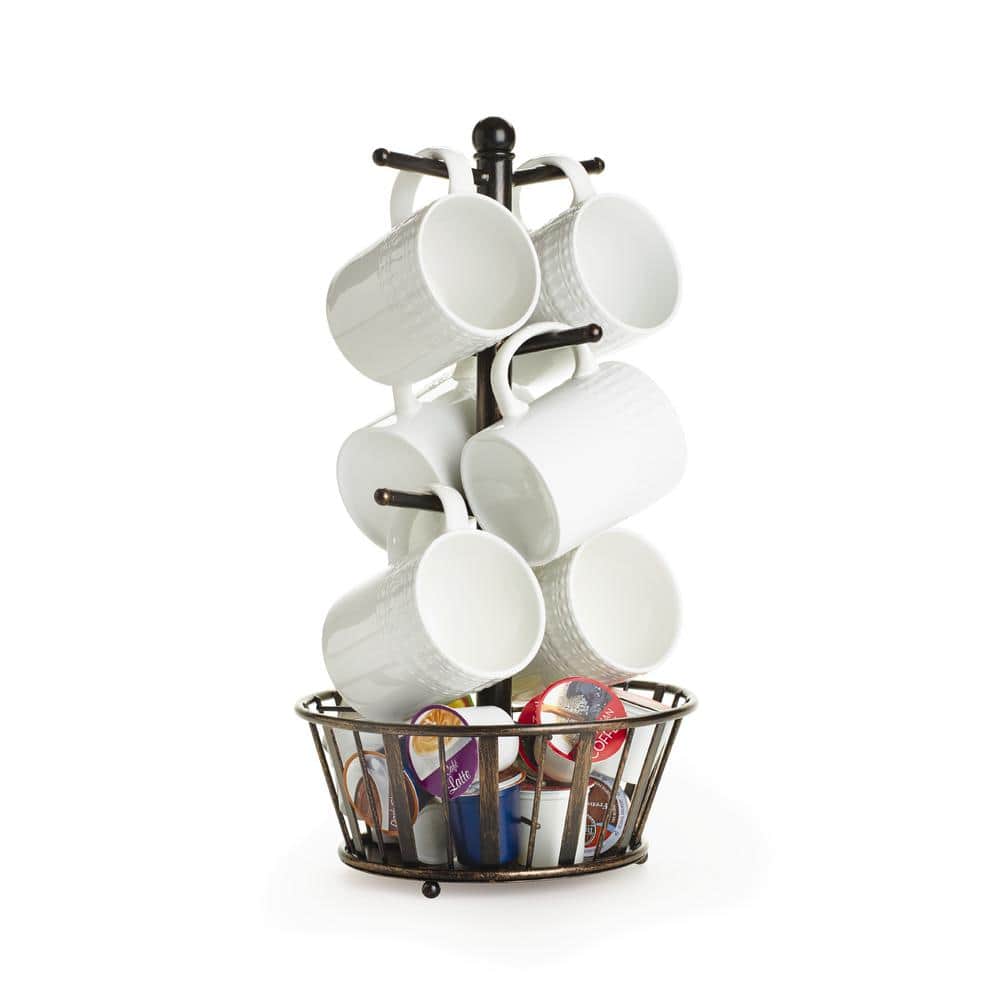 Black Wrought Iron 6-Cup Mug Tree with Storage Basket