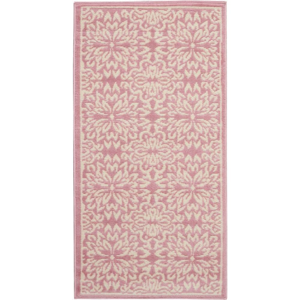 Hand-Knotted Ivory/Pink Floral Synthetic Easy-Care Rug 2' x 4'