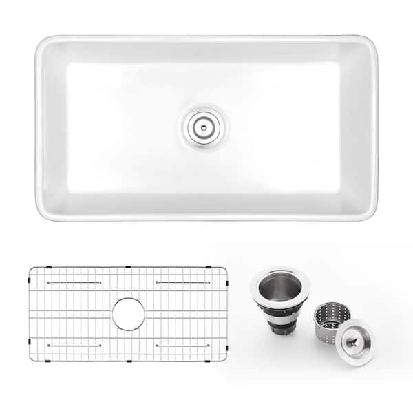 30 in. Rectangular Farmhouse Apron Single Bowl White Ceramic Kitchen Sink with Grid and Strainer