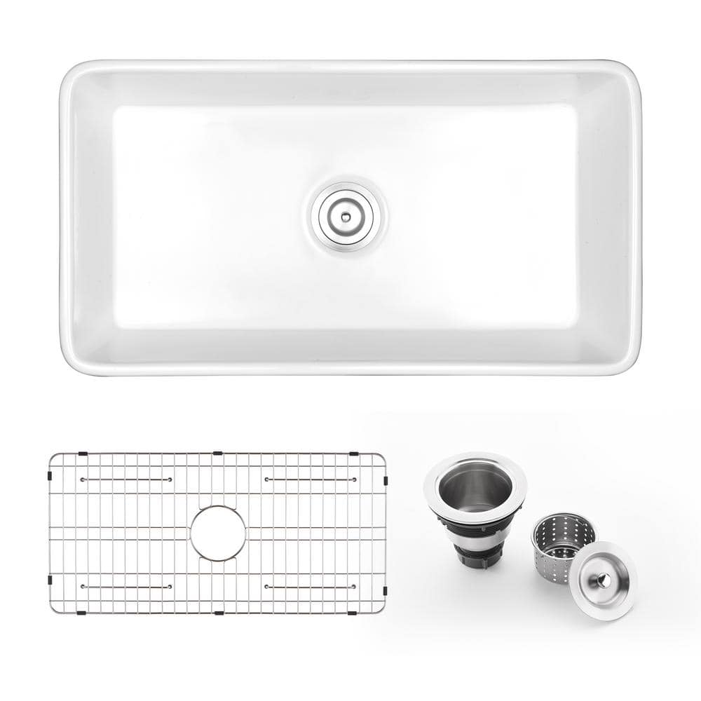 33" White Ceramic Farmhouse Apron Single Bowl Kitchen Sink