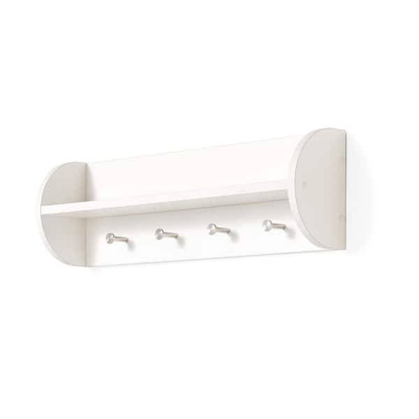 25 in. x 8 in. White Utility Shelf with Four Large Stainless Steel Hooks