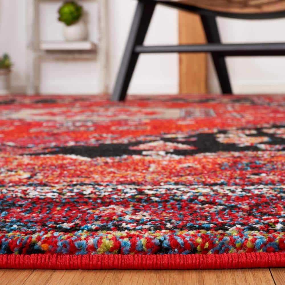 Vintage Black and Red Square Synthetic Area Rug