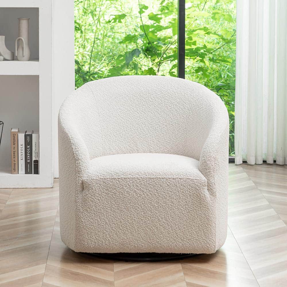 White Boucle Upholstered Swivel Barrel Accent Chair
